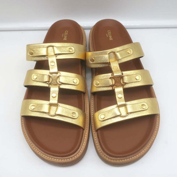 Celine Tippi Triomphe Slide Sandals Gold Metallic Leather Size 40 NEW - Picture 5 of 12
